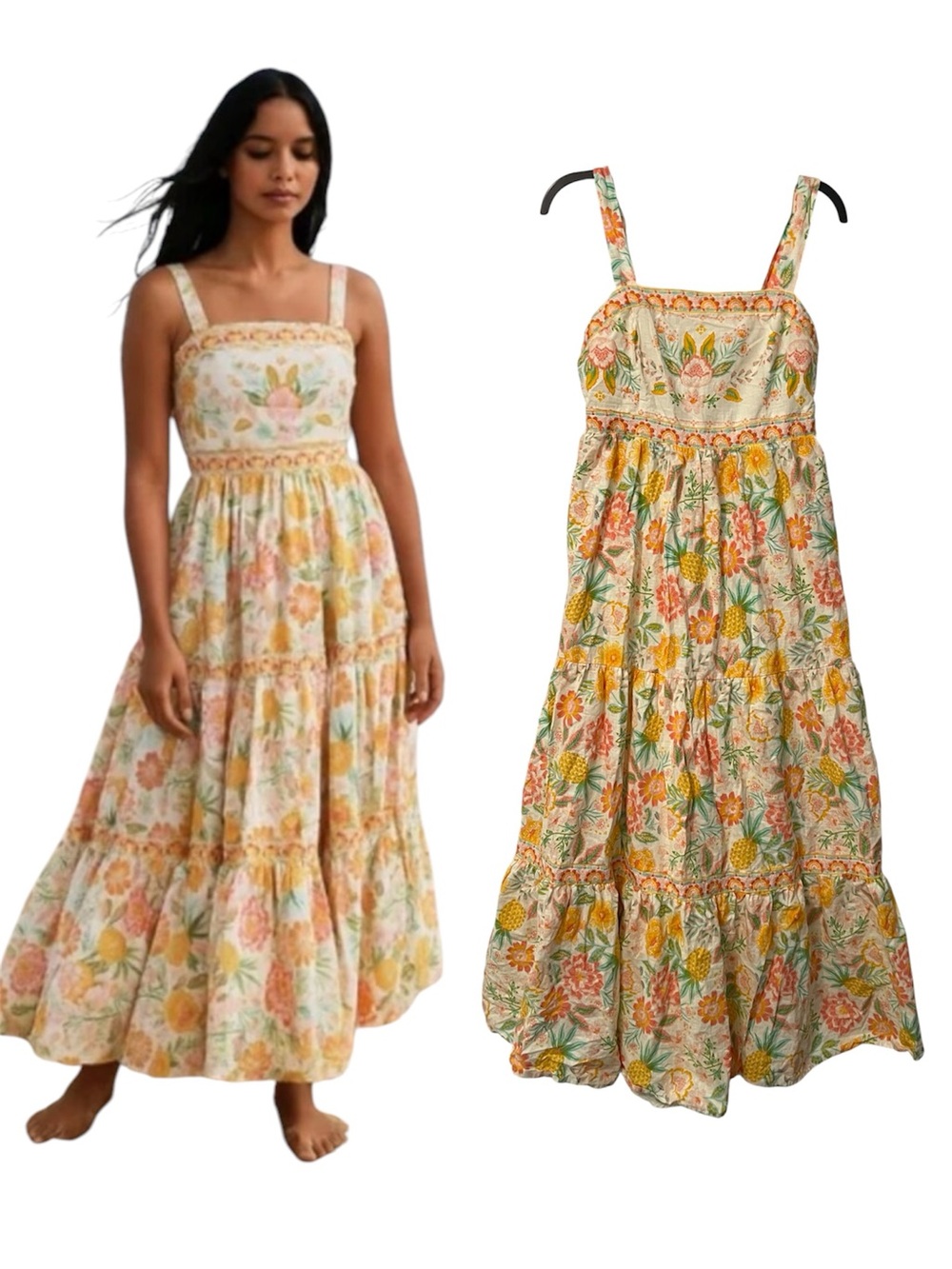 Rachel Zoe Tiered Smocked Pineapple tropical print Maxi Dress Size 8